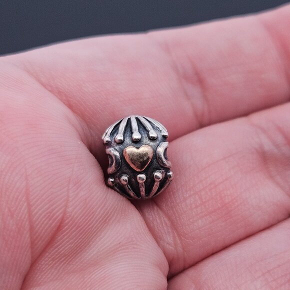 Pandora 925 Sterling Silver 14K Gold Hatched Heart Bead Charm - Picture 1 of 7